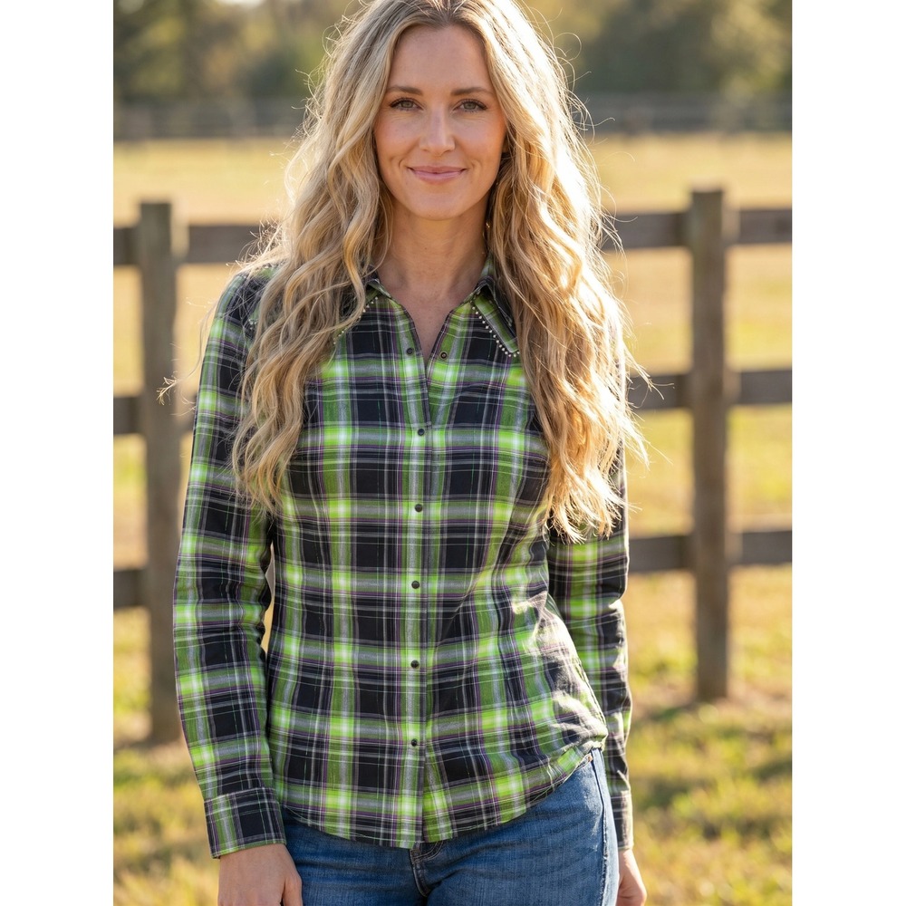 Wrangler Women's Western Shirt Large Green Plaid Pearl Snap Rhinestone Cowgirl